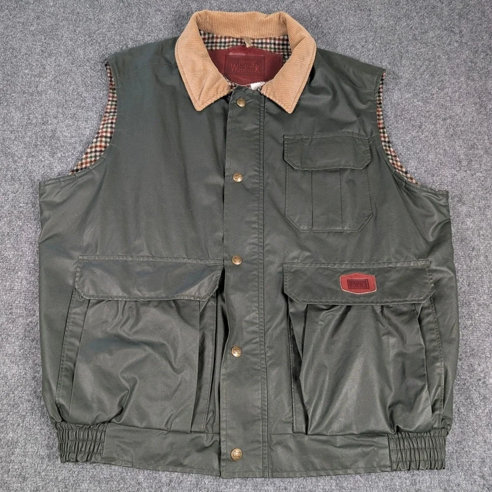 Woolrich Waxed Cotton Hunting Vest‎ Mens Large Green Plaid Lined Made in USA
